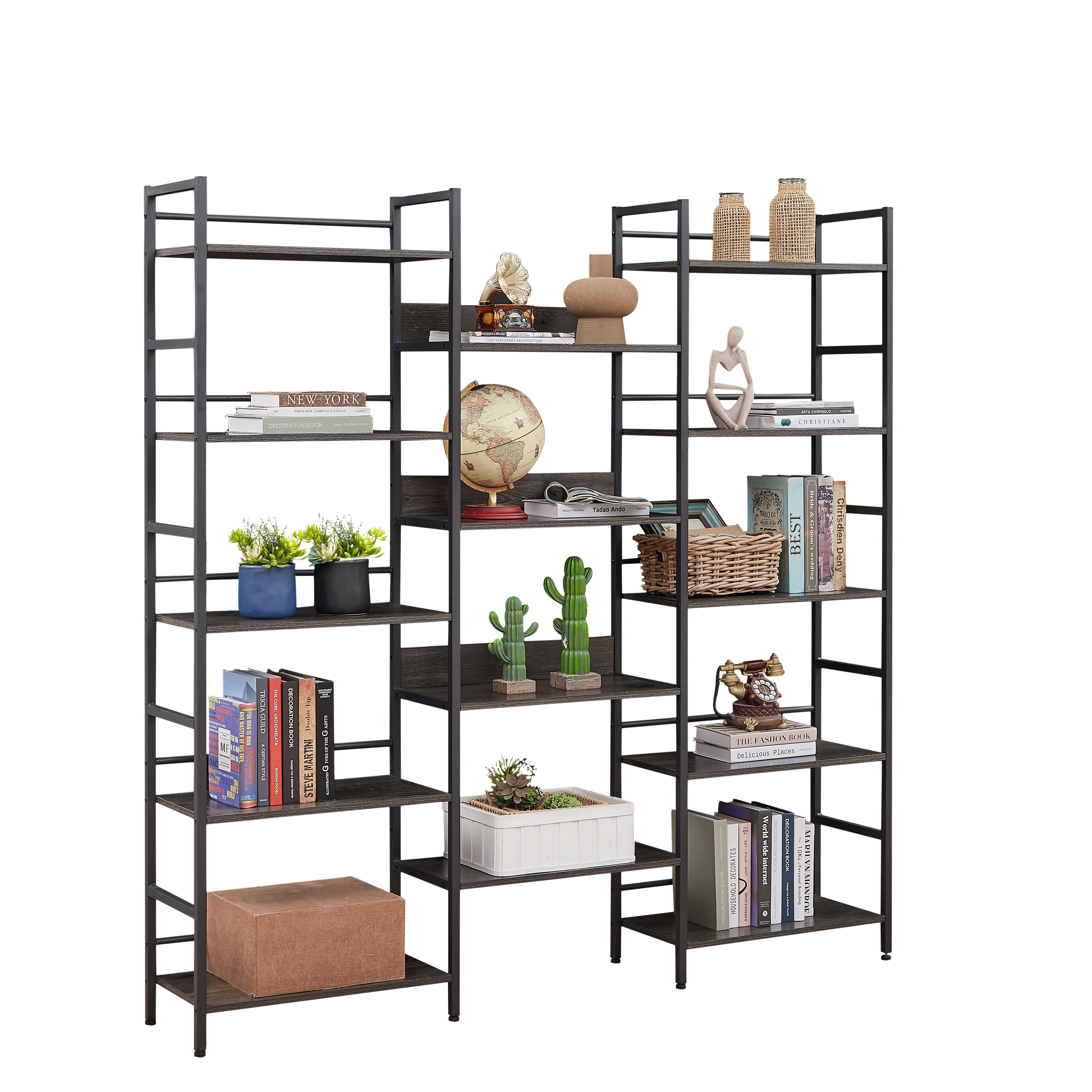 Triple wide 5-shelf bookshelf offering ample storage space with a sturdy design. Features five spacious shelves for organizing books, decor, and more, perfect for living rooms, offices, or libraries. Stylish and functional for both modern and traditional interiors.