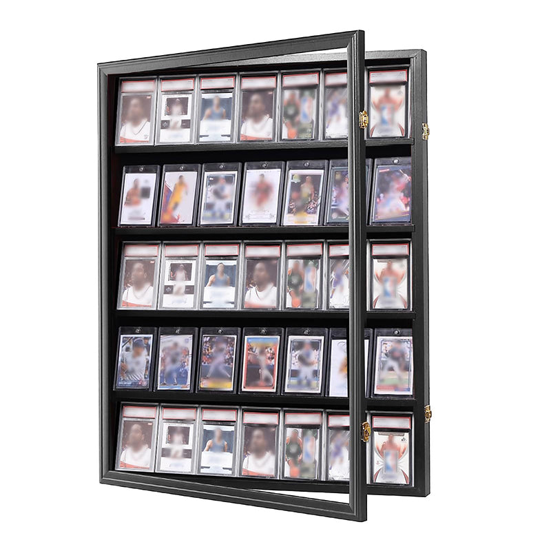Wood-framed sports card display case mounted on wall