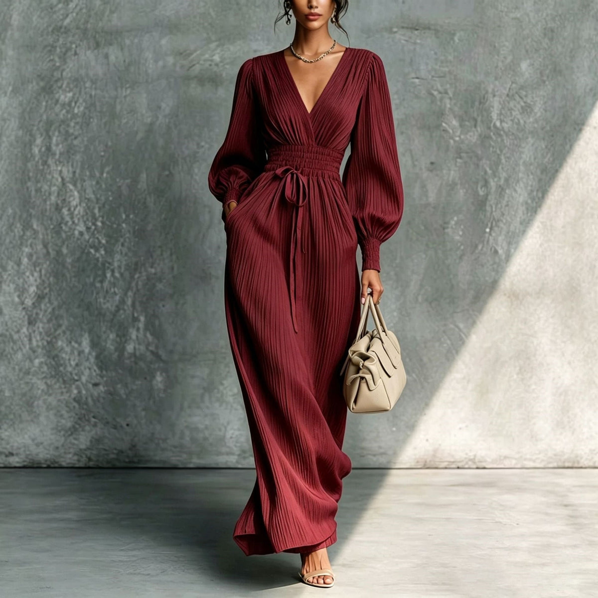Solid color casual waist cinched long sleeved dress Hot Deal Warehouse