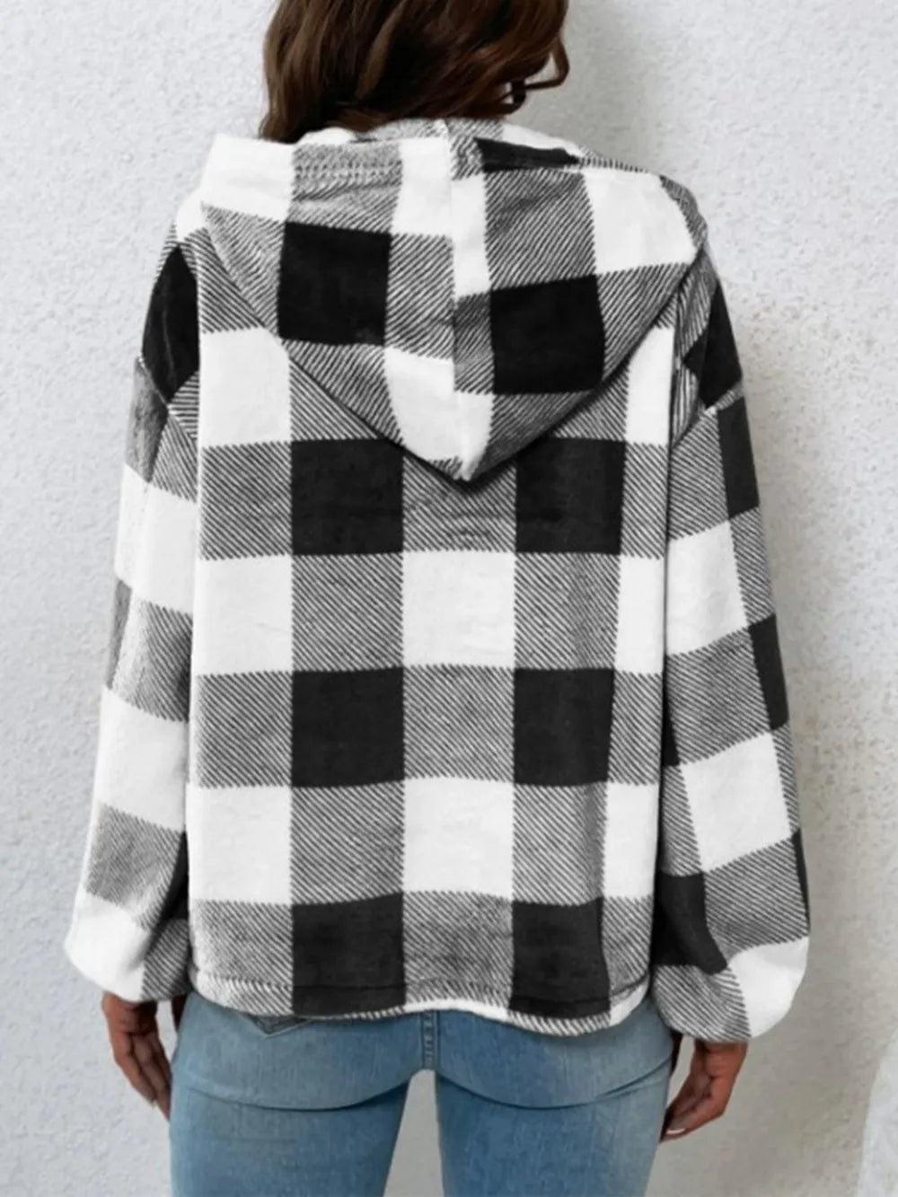 Women's checkered plush hoodie with semi-open collar, front view


