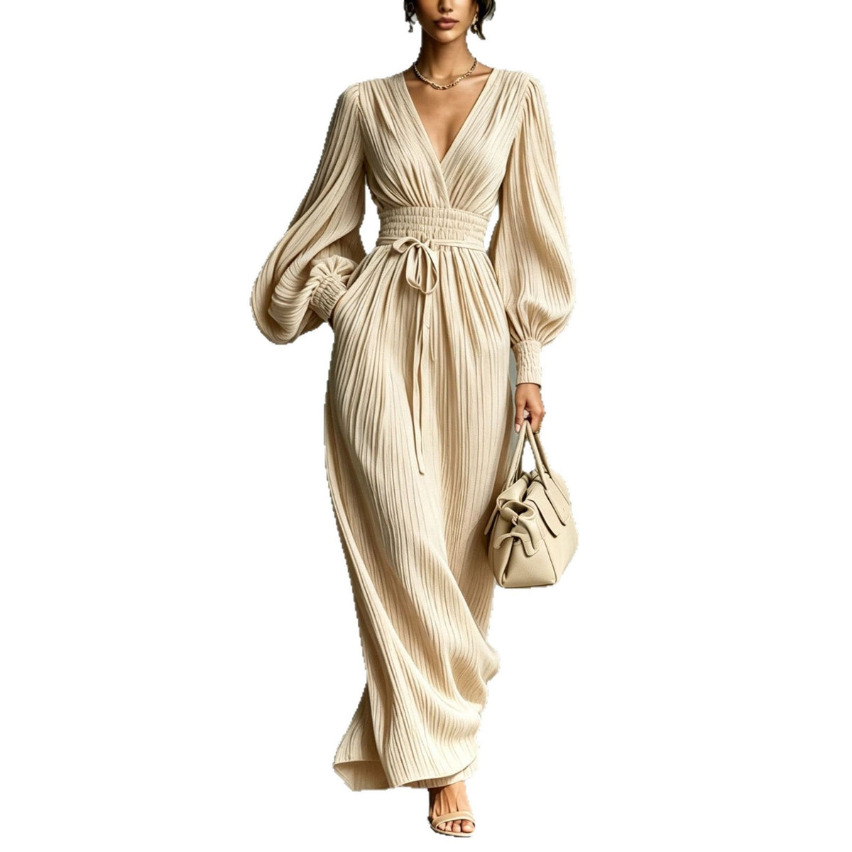 Solid color casual waist cinched long sleeved dress Hot Deal Warehouse