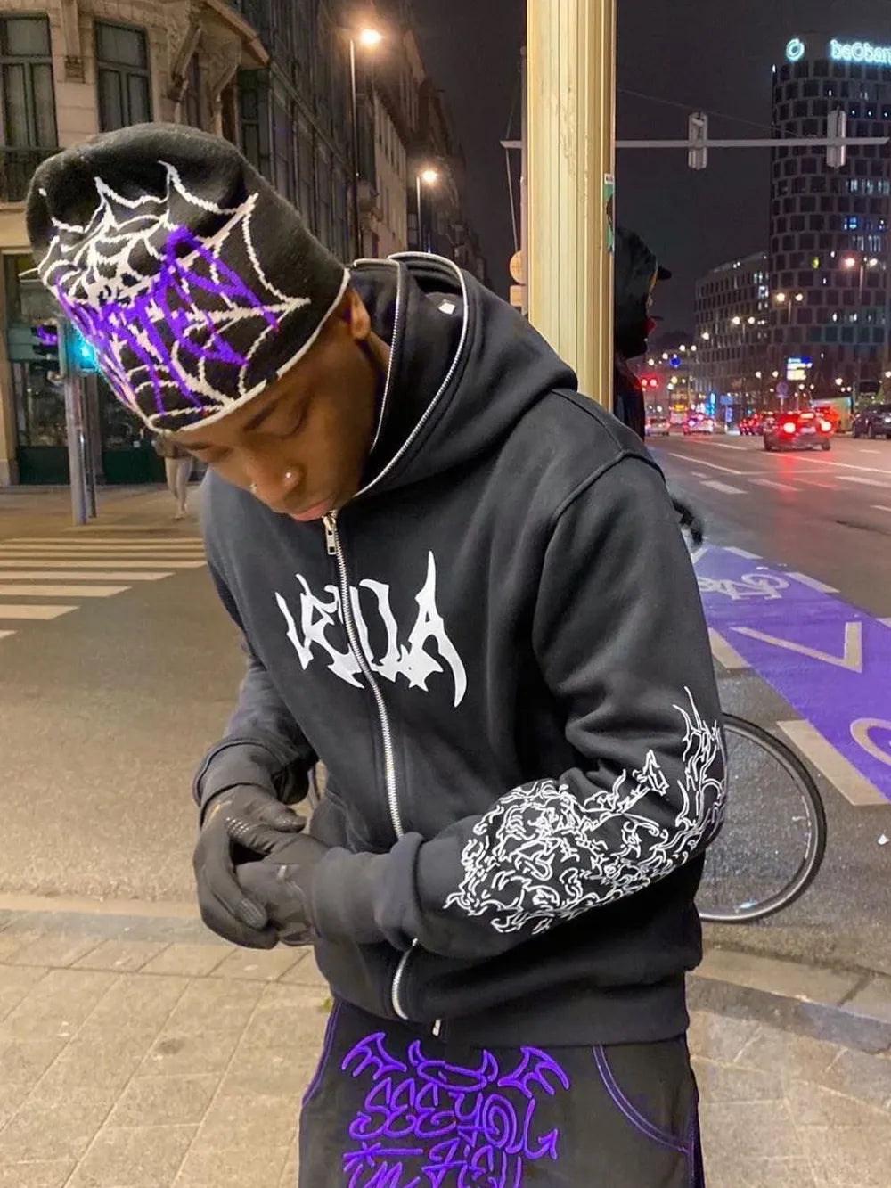 Men's zip-up hoodie with letter print – graphic streetwear style sweatshirt.

