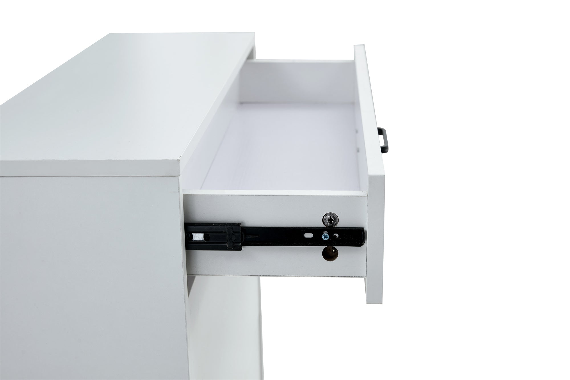 White shoe cabinet with open shelves and metal legs