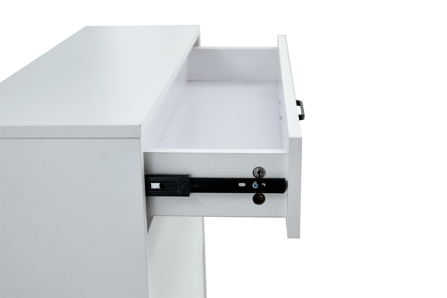 White shoe cabinet with open shelves and metal legs