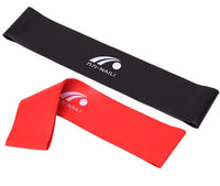 Set of latex resistance bands in various strengths, designed for strength training, flexibility, and rehabilitation exercises, made from durable, high-quality material.