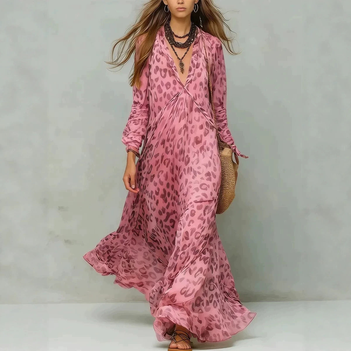 Leopard Print Chiffon Long Dress Deep V-Neck Three-Quarter Sleeve Flared Beach Vacation Dress Hot Deal Warehouse