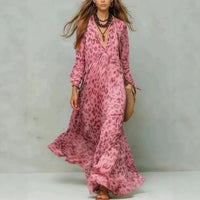 Leopard Print Chiffon Long Dress Deep V-Neck Three-Quarter Sleeve Flared Beach Vacation Dress Hot Deal Warehouse
