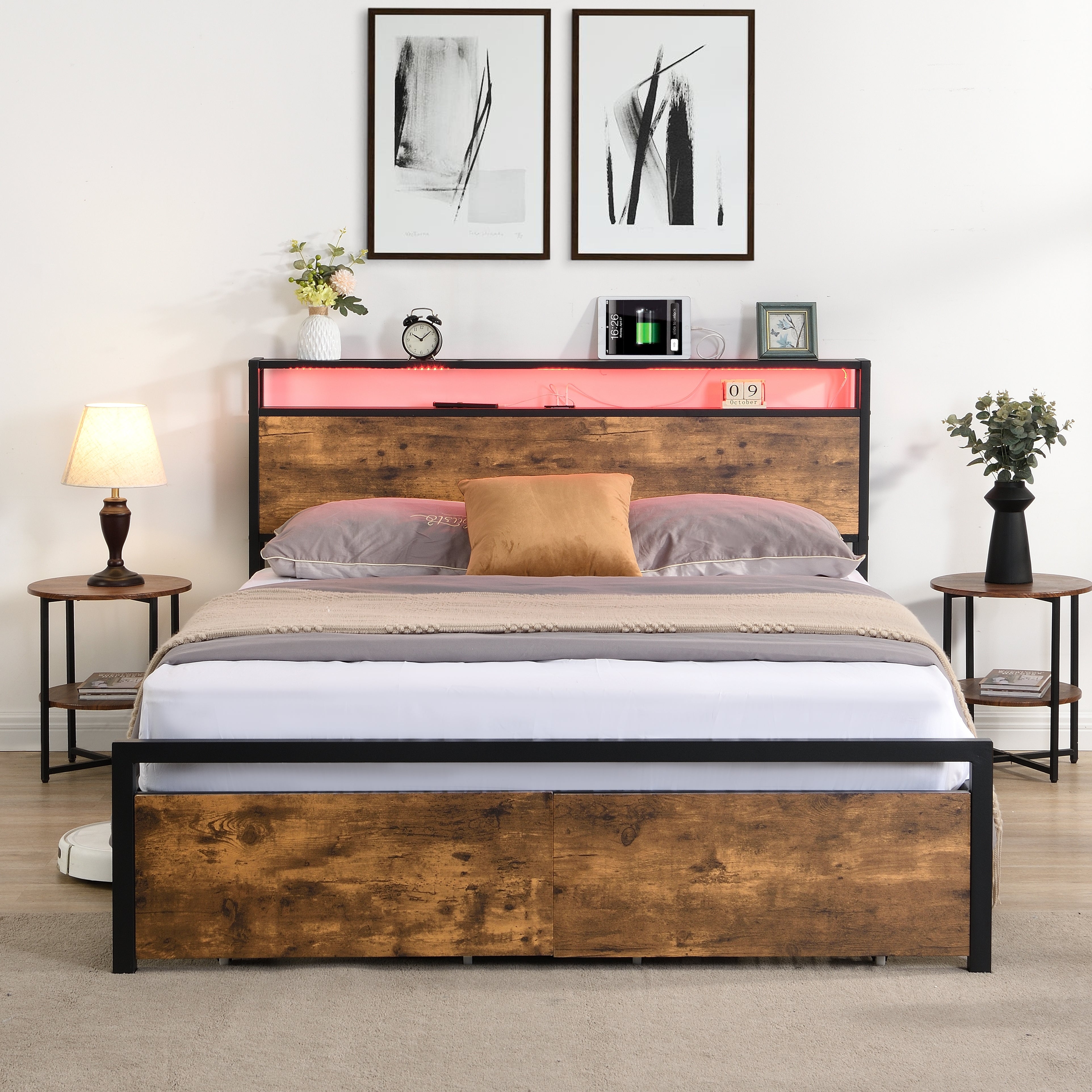 Full-size bed frame with LED headboard, drawers, and charging ports