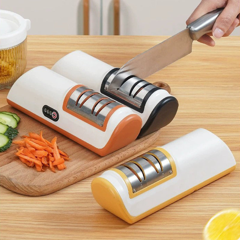 Compact multifunctional electric knife sharpener for kitchen use – automatic professional tool.

