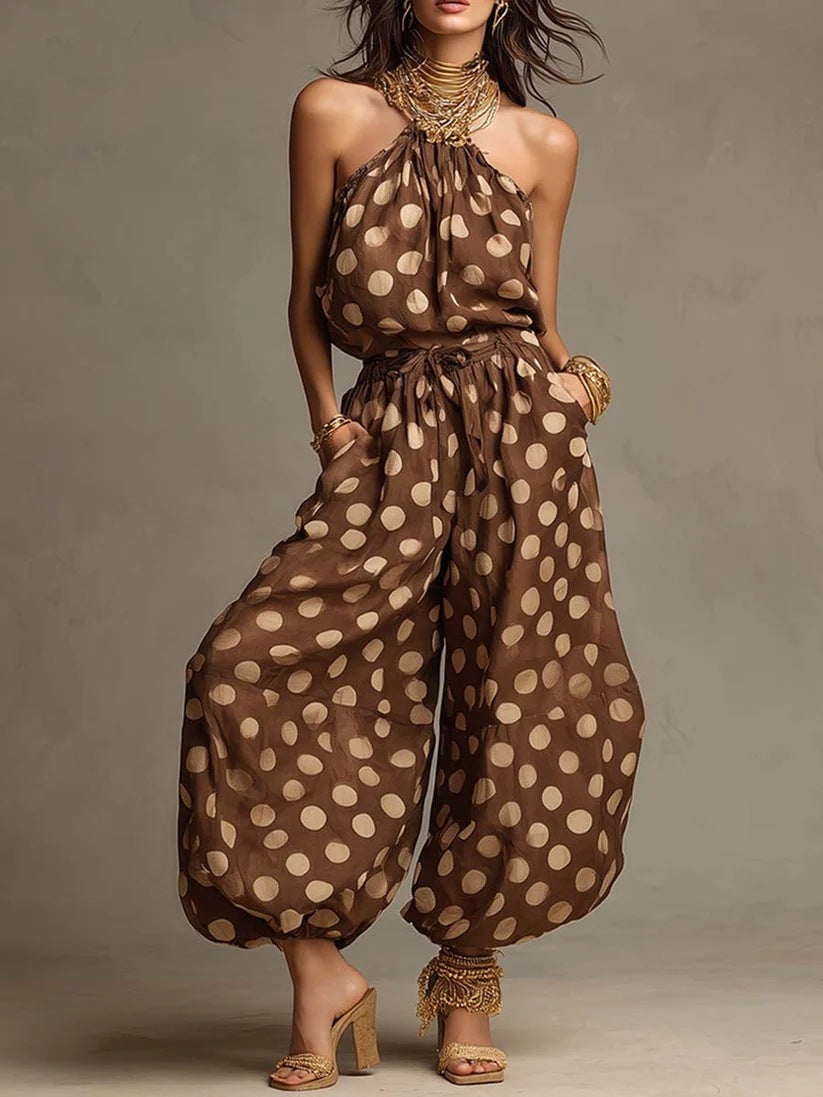 New  Polka Dot Halter Neck Women's Summer Bohemian Vacation Casual Beach Loose Wide-leg Jumpsuit Hot Deal Warehouse
