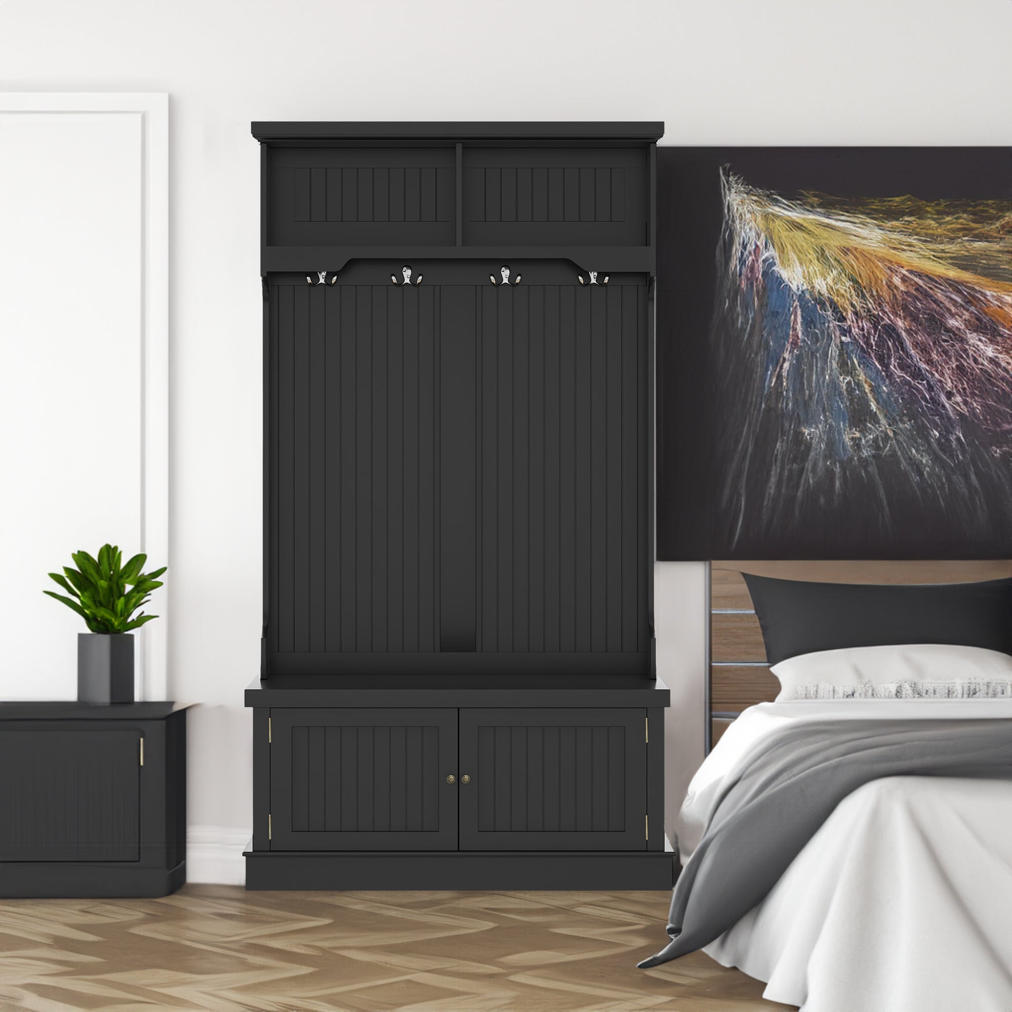 Black 4-in-1 hall tree with storage bench and coat hooks, front view

