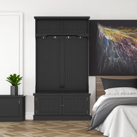 Black 4-in-1 hall tree with storage bench and coat hooks, front view

