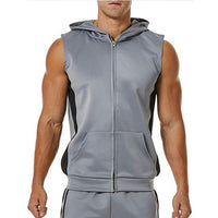 "Men’s zipper splicing sports hooded vest featuring a stylish, color-block design. Made from breathable, moisture-wicking fabric, the vest includes a front zipper closure, adjustable hood, and a fitted cut, ideal for workouts or casual athleisure wear."