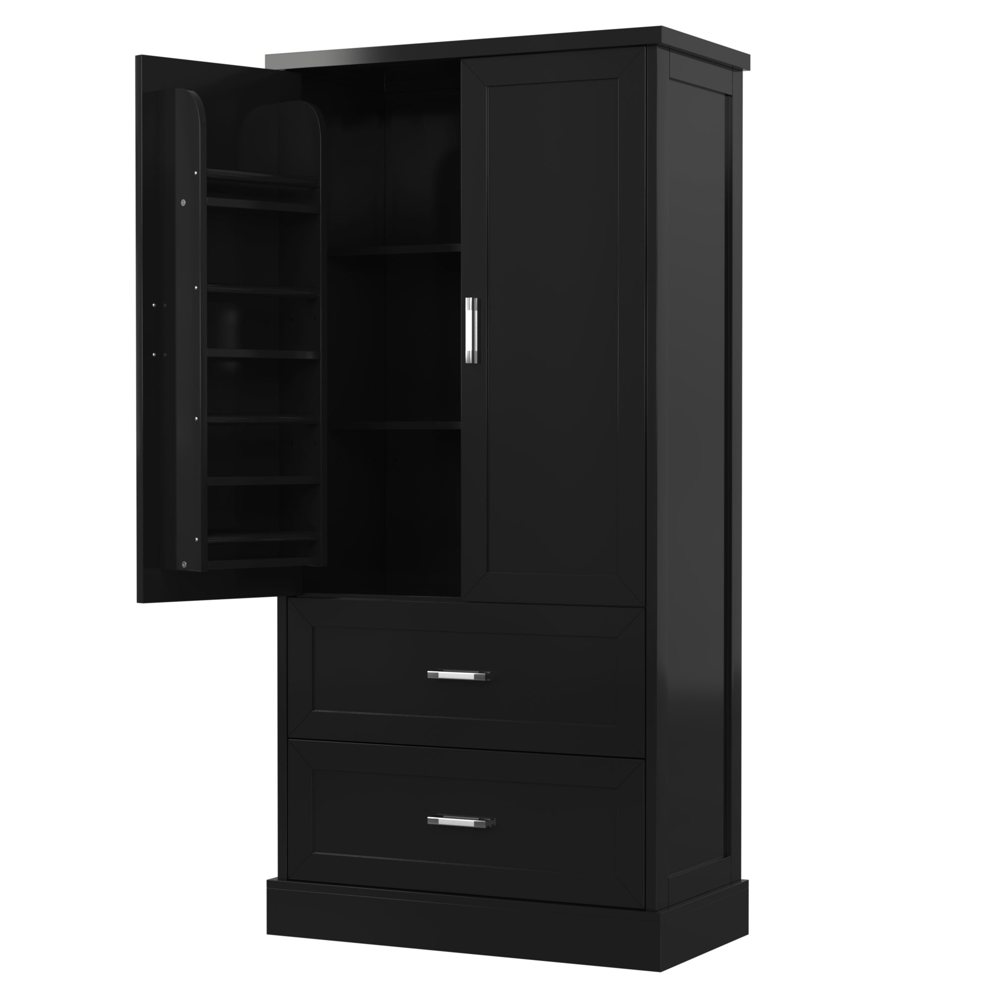 Tall black bathroom storage cabinet with doors and drawers
