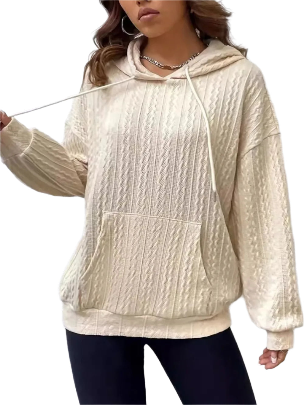 Women’s hooded knit sweater with pit stripe texture and kangaroo pocket in a relaxed fit.








