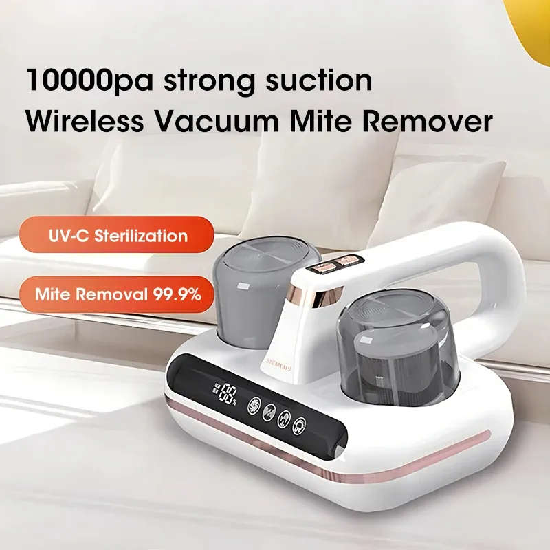 Cordless handheld mattress vacuum being used on a white bed