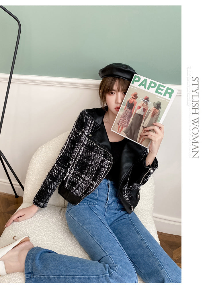 Colorblock women's coat with leather and tweed patchwork, lapel collar, long sleeves, and front zipper.

