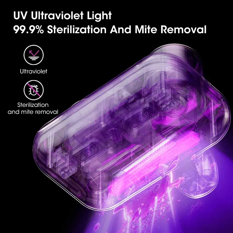 Cordless handheld mattress vacuum being used on a white bed