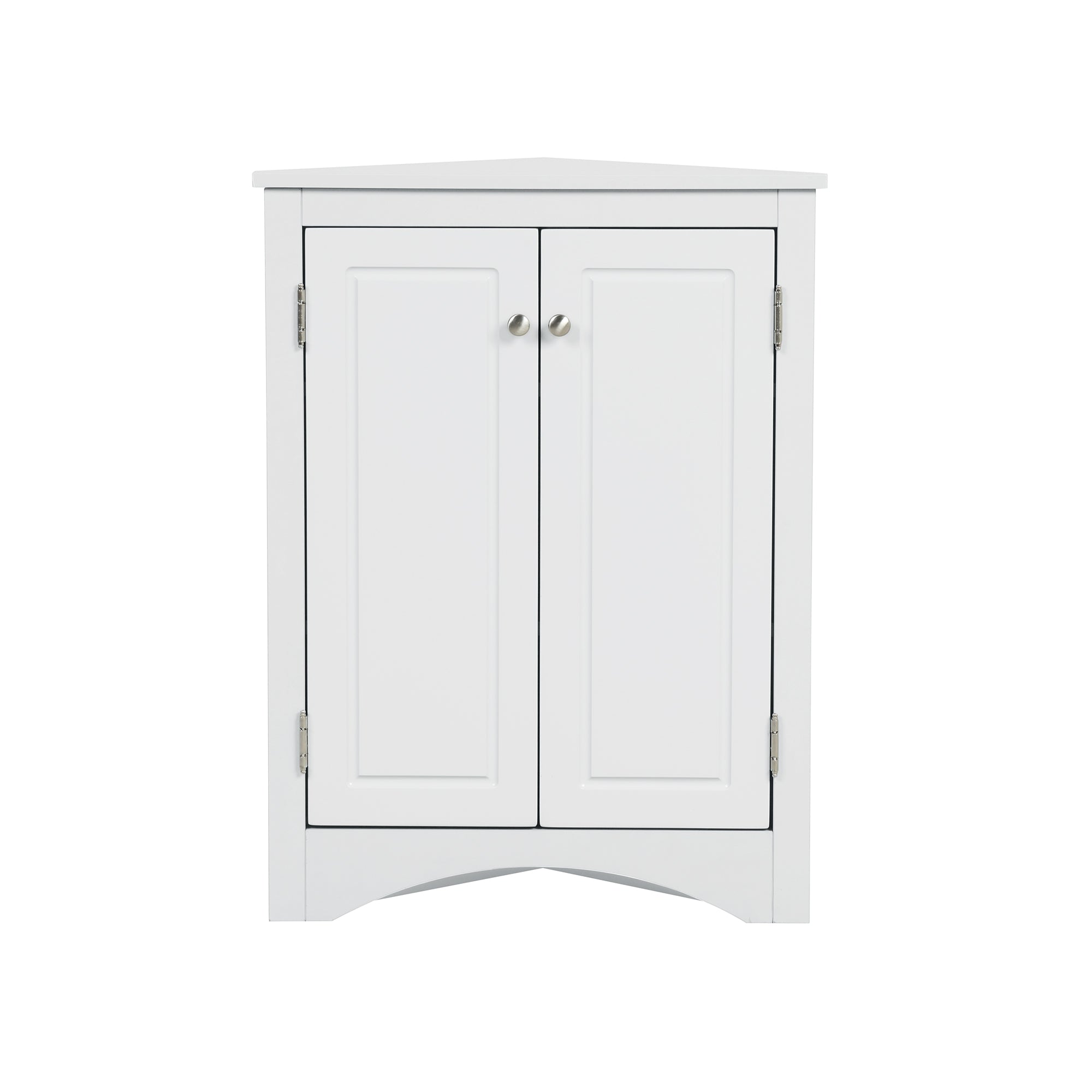 White triangle bathroom storage cabinet with a compact, space-saving design, featuring multiple shelves for organizing toiletries, towels, and other bathroom essentials. Made from durable materials, this sleek cabinet adds a functional and stylish touch to any bathroom decor.