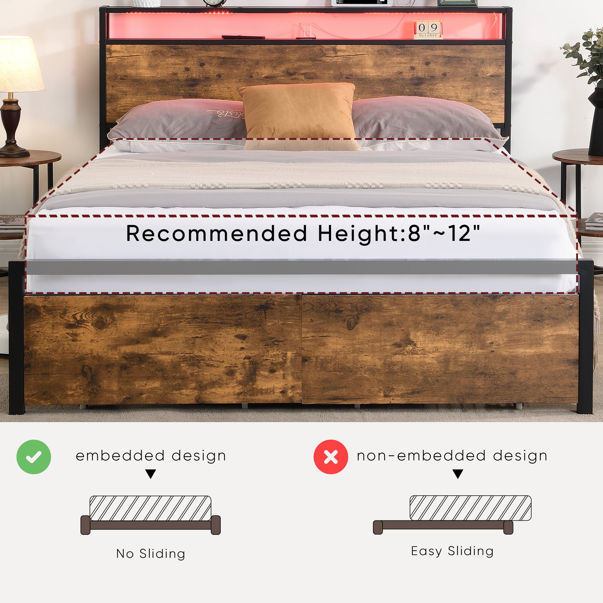 Full-size bed frame with LED headboard, drawers, and charging ports
