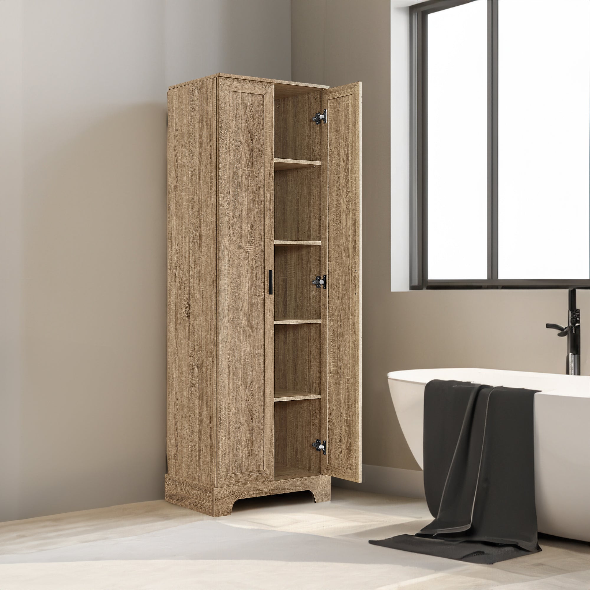 Brown MDF storage cabinet with adjustable shelf and two doors