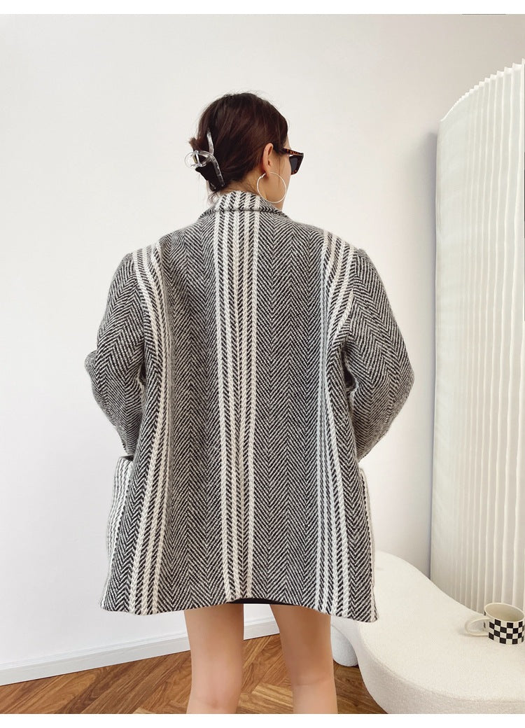 Vintage Striped Weave Woolen Blazer Coat for Women, Autumn Winter Casual Suit Jacket









