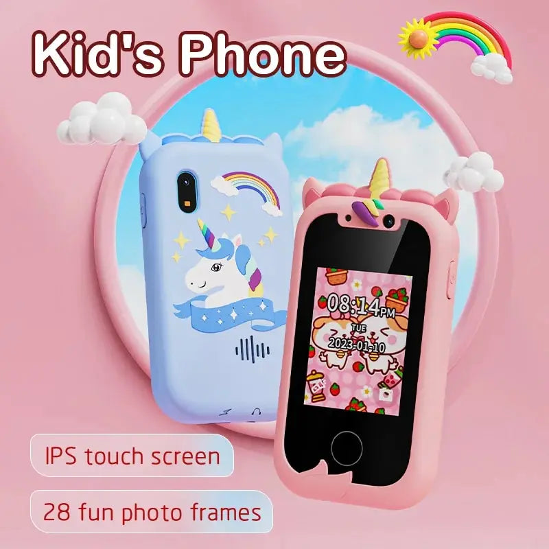 Kids smartphone camera toy with touchscreen, designed for 3-12-year-olds, doubles as an MP3 player and educational gift.

