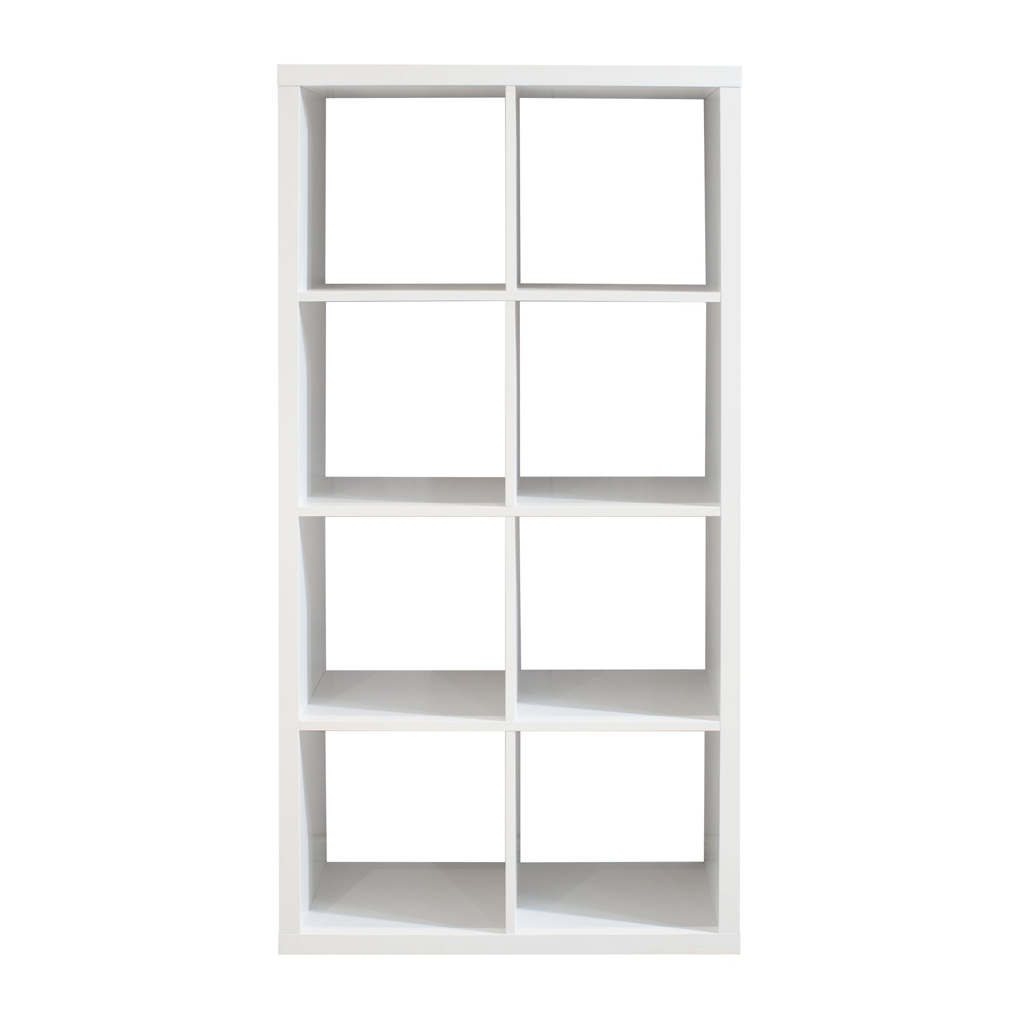 White 8-cube organizer shelf used in a modern home office