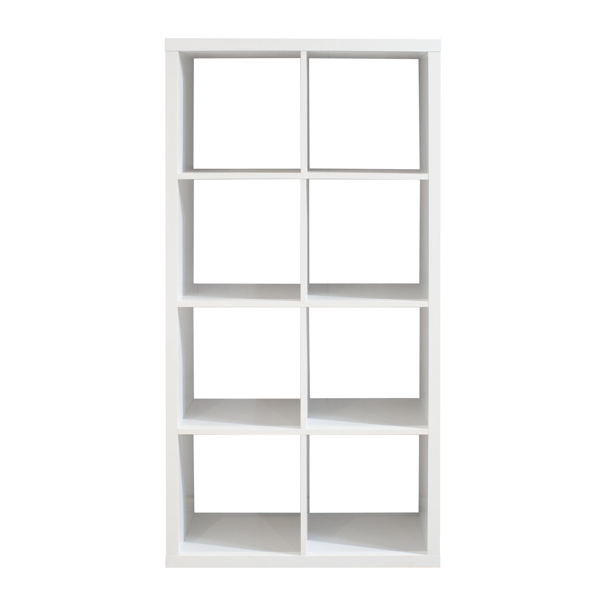 White 8-cube organizer shelf used in a modern home office