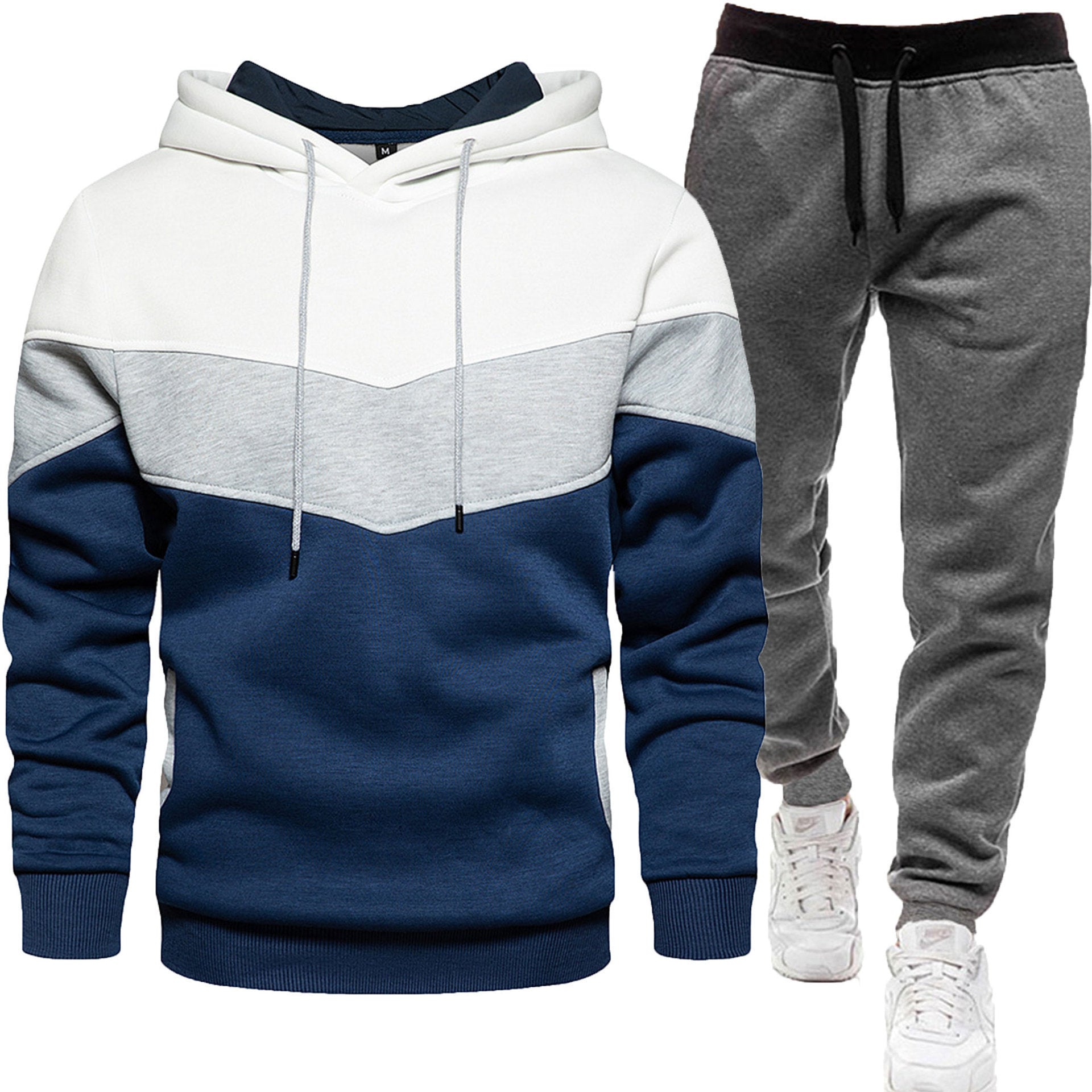 Men's three-color hoodie and jogger pants two-piece set, front view

