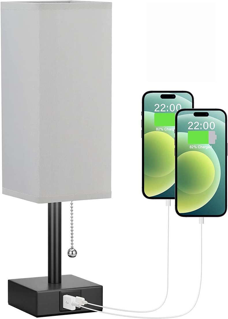 Modern square linen desk lamp with USB charging ports and 3-color dimmable lighting on a minimalist nightstand

