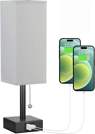 Modern square linen desk lamp with USB charging ports and 3-color dimmable lighting on a minimalist nightstand

