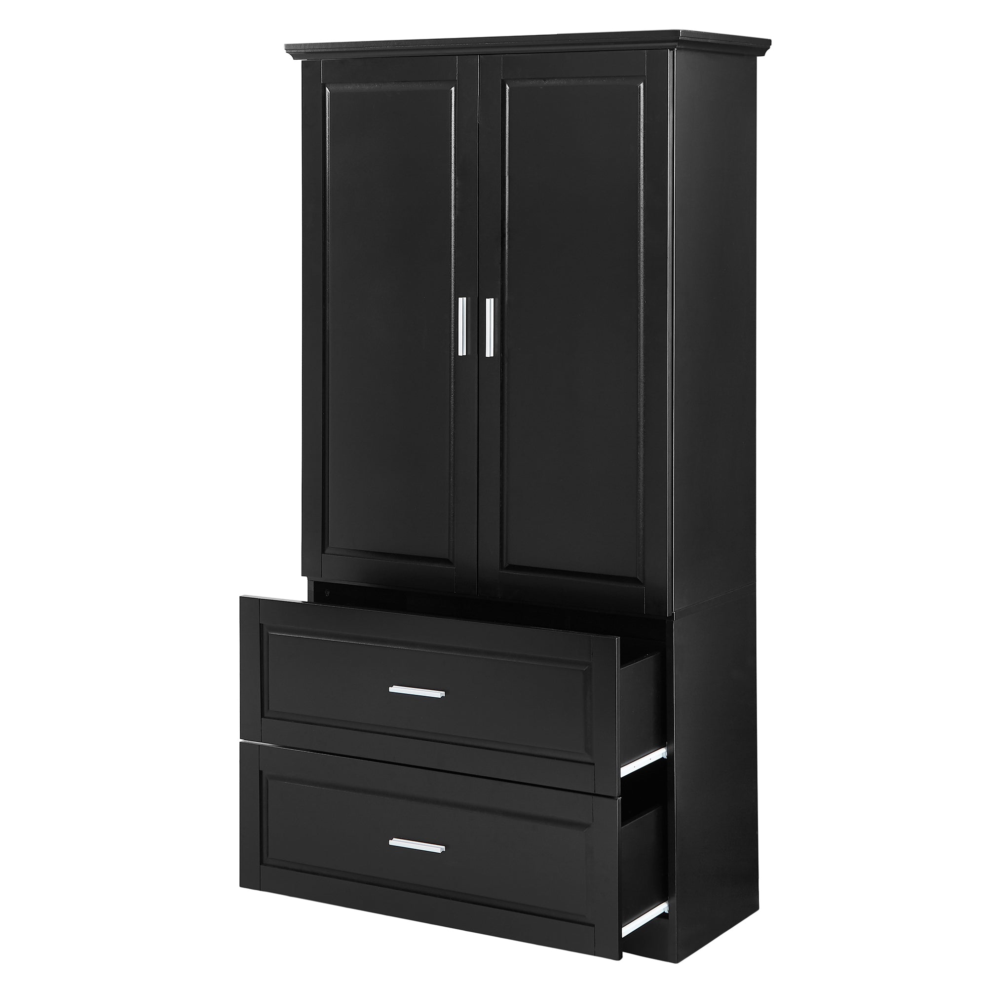 Black MDF tall bathroom storage cabinet with two doors and drawers
