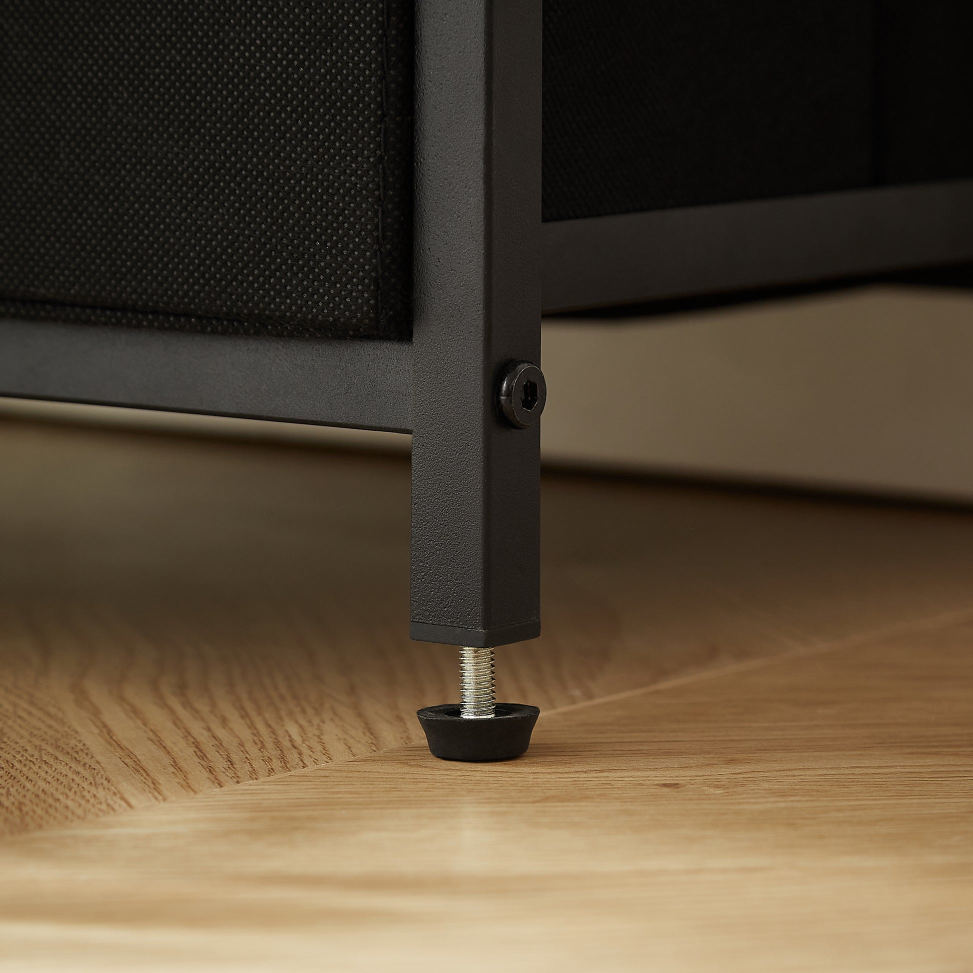 Modern tea table with USB port, outlet, and two drawers, front view

