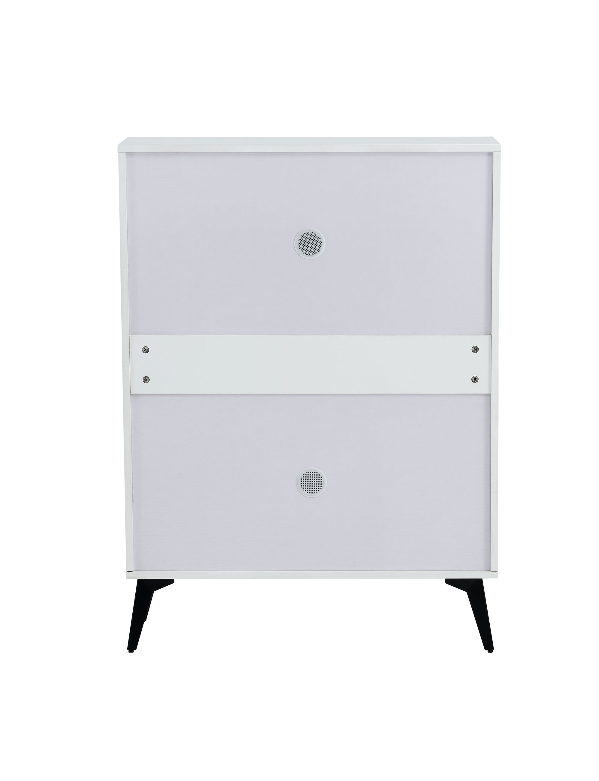 White shoe cabinet with open shelves and metal legs
