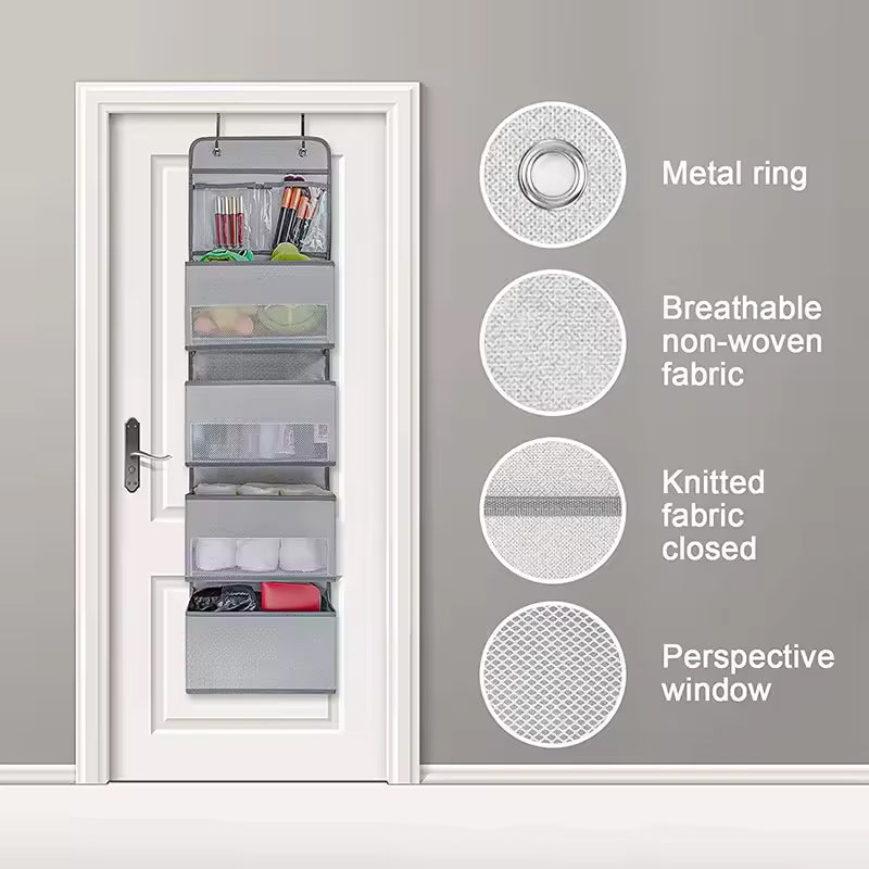 5-pocket hanging organizer on the back of a white bedroom door

