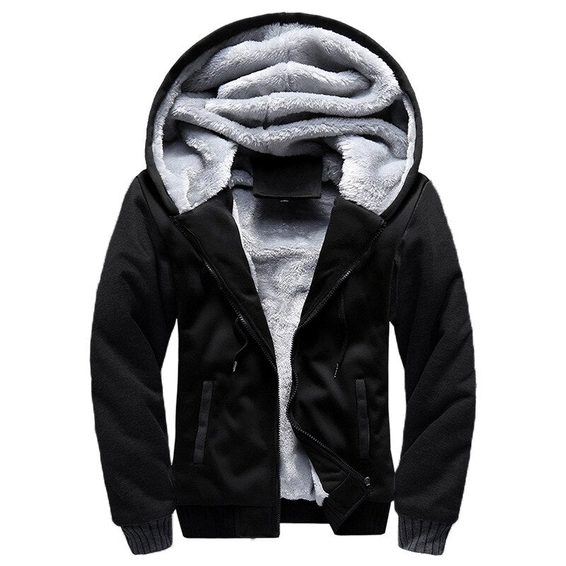 Men's winter hooded jacket with thick velvet lining, front view

