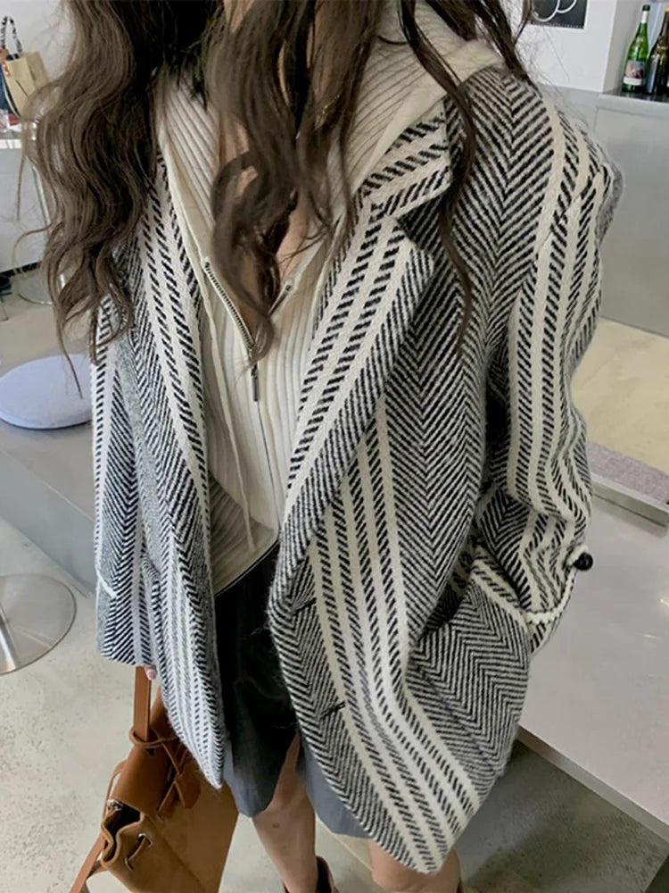 Vintage Striped Weave Woolen Blazer Coat for Women, Autumn Winter Casual Suit Jacket








