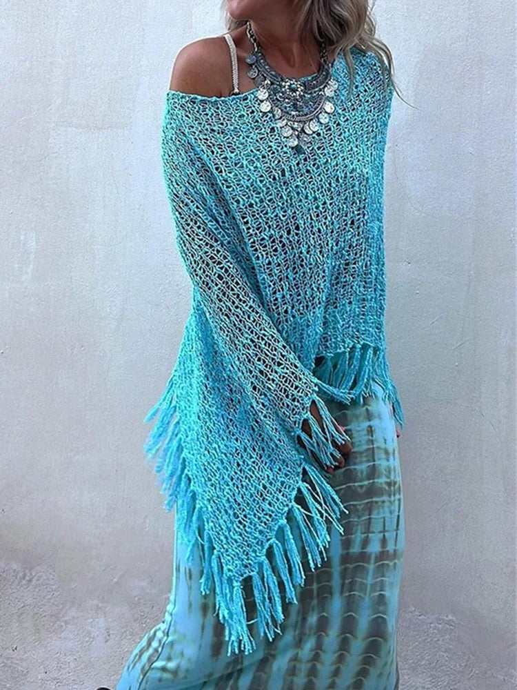 Bohemian Bat Sleeve Tassel Knit Hoodie Cape for Women – Oversized Pullover Sweater

