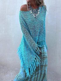 Bohemian Bat Sleeve Tassel Knit Hoodie Cape for Women – Oversized Pullover Sweater

