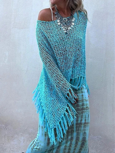 Bohemian Bat Sleeve Tassel Knit Hoodie Cape for Women – Oversized Pullover Sweater

