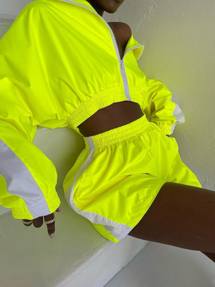 Neon Green Cropped Windbreaker Jacket and Matching Shorts Set for Women