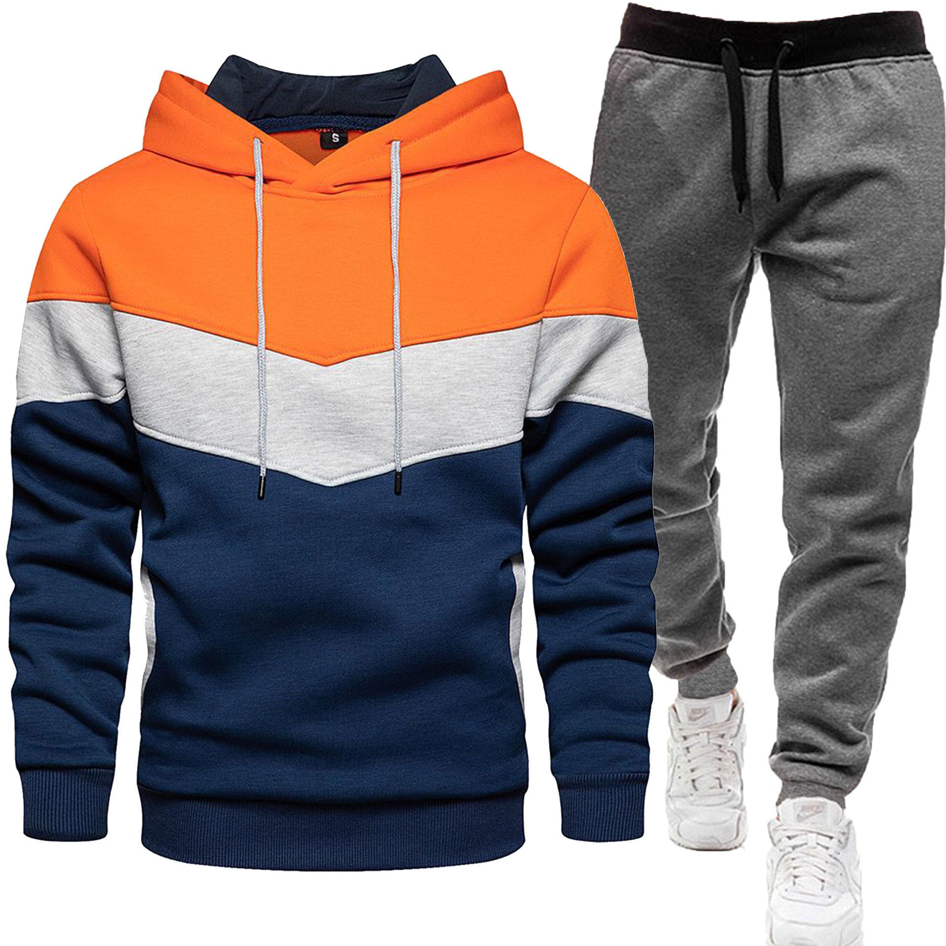 Men's three-color hoodie and jogger pants two-piece set, front view

