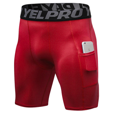 Men’s black PRO gym shorts with built-in compression tights, side pockets, and sweat-wicking fabric


