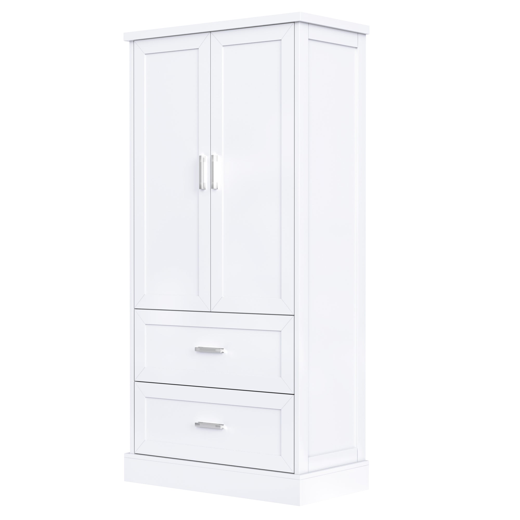 Tall white bathroom cabinet with drawers and double doors