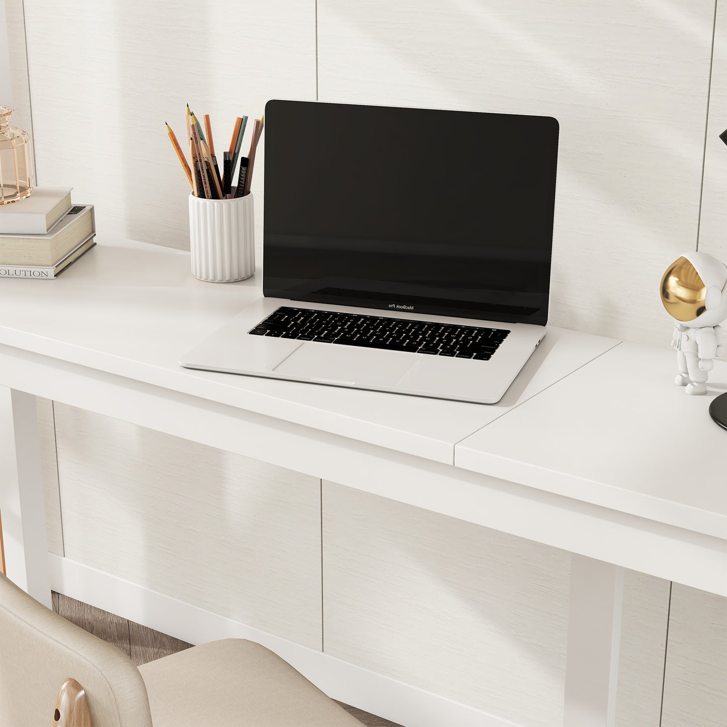 Full view of white twin loft bed with built-in desk and drawers underneath

