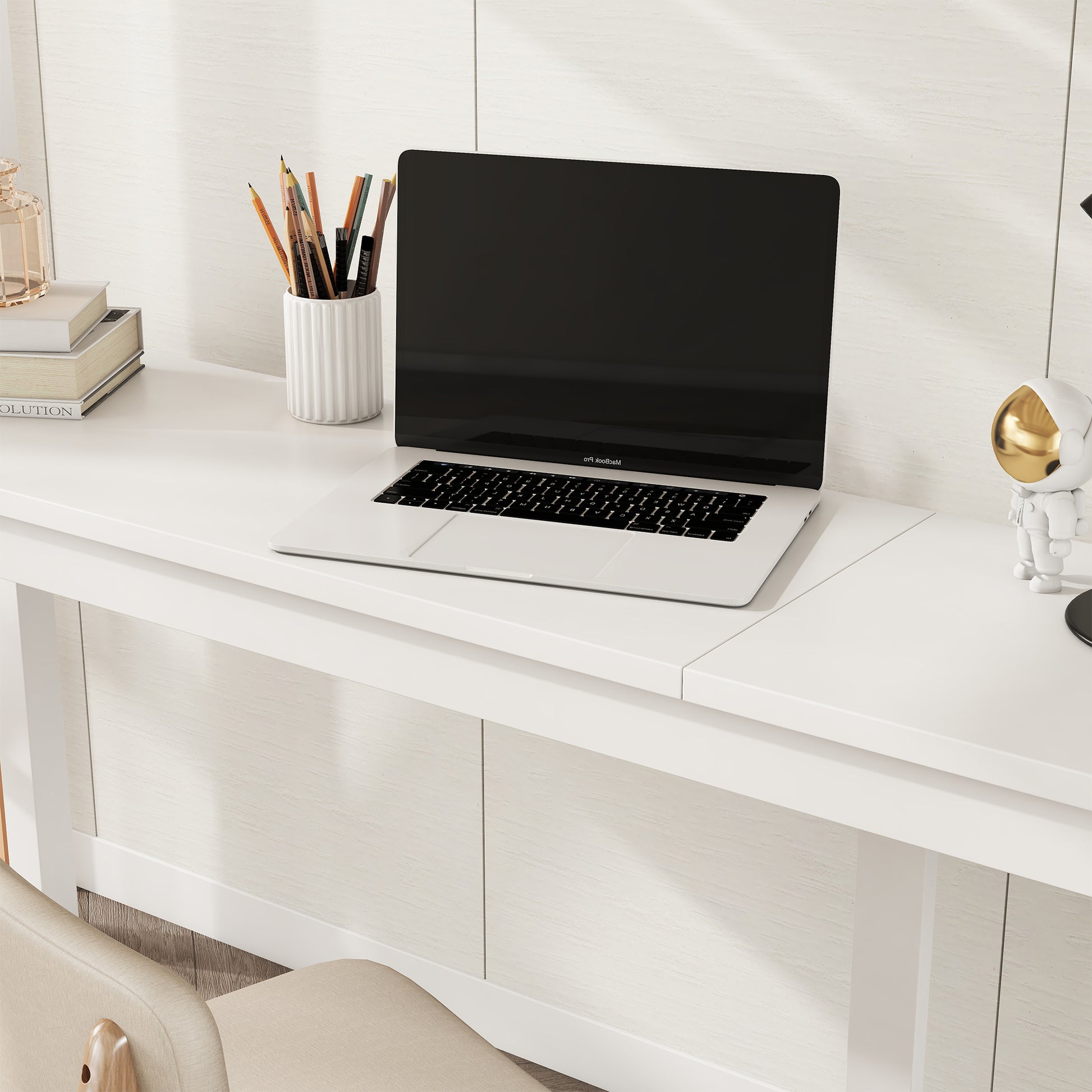 Full view of white twin loft bed with built-in desk and drawers underneath

