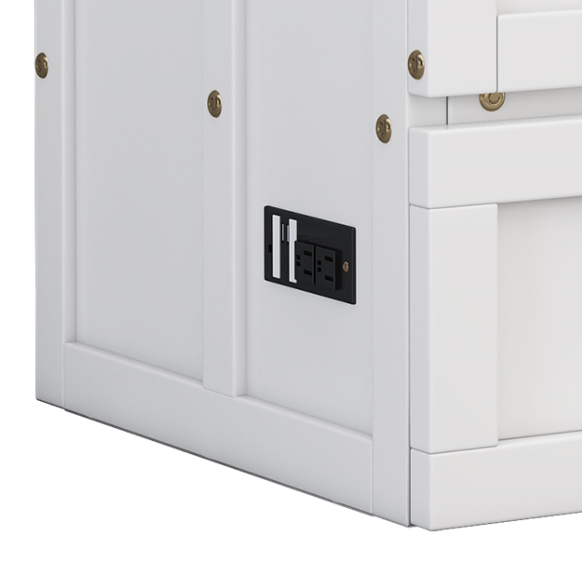 White and walnut queen Murphy bed chest in closed position