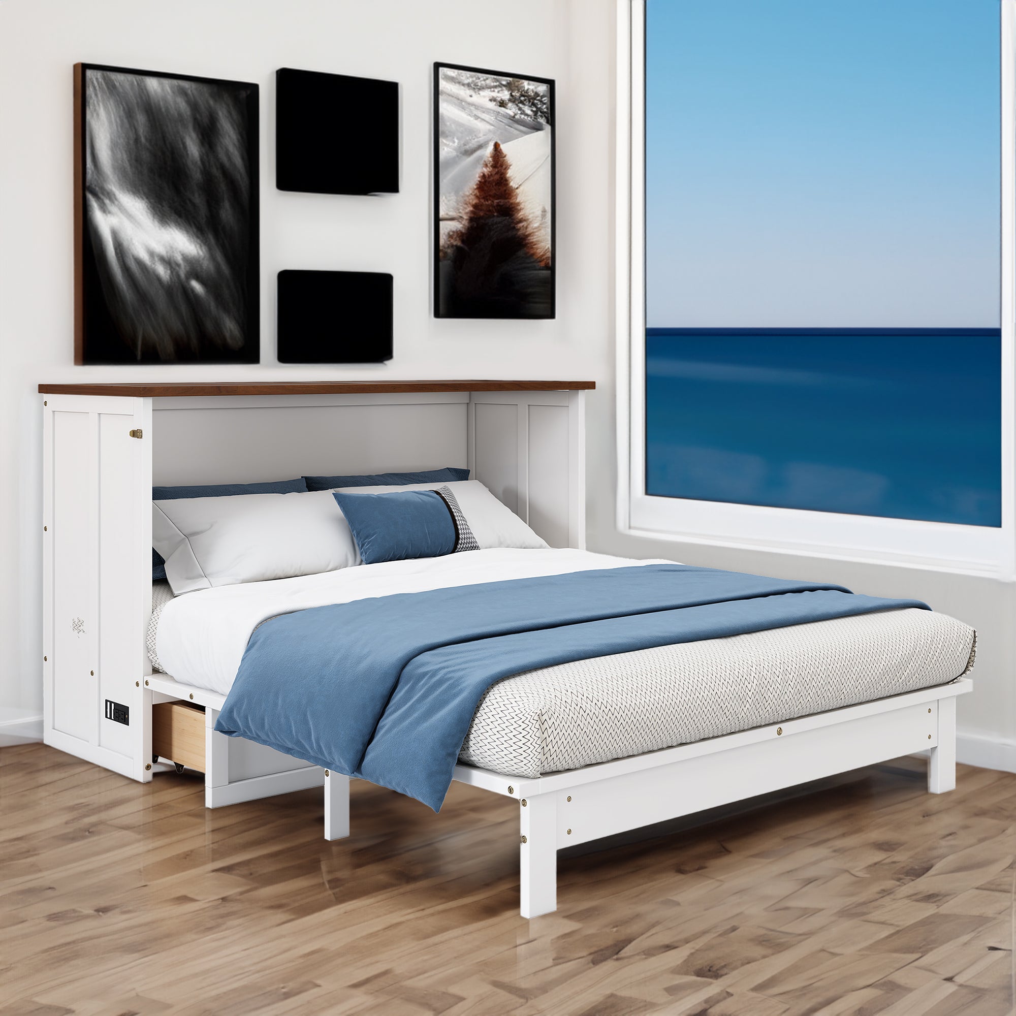 White and walnut queen Murphy bed chest in closed position