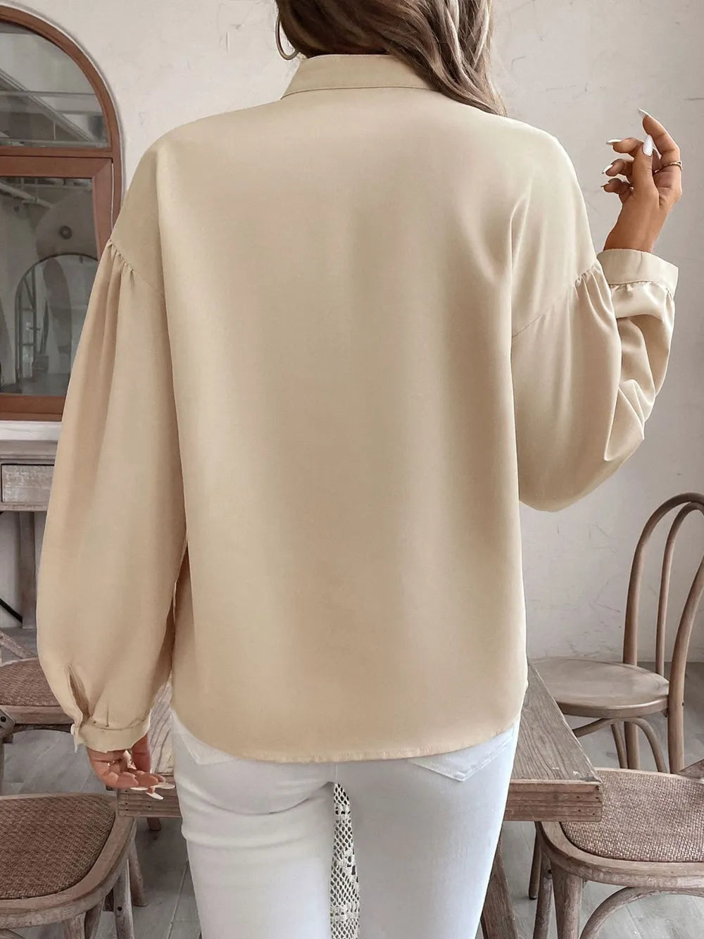 Perfee printed notched blouse with long sleeves, front view

